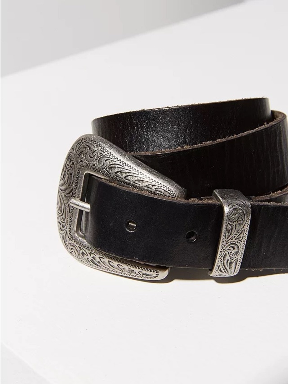 Urban Outfitters Black Leather Belt with Engraved Silver Buckle